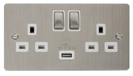FPSS570WH  Define Stainless Steel 13A 2G Ingot Switched Socket With 2.1A USB Outlet